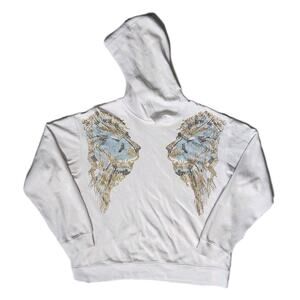 Heads Or Tails White Bling Rhinestone Lion heads Hoodie Size XL
